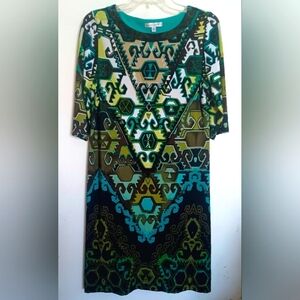 Women's dress by Sandra Darren size 6 black, white, aqua and green.